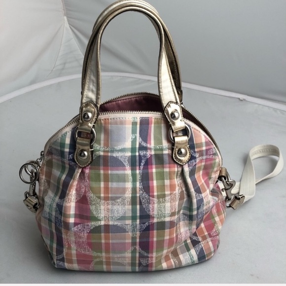 Coach Poppy Daisy pink multicolor madras signature C logo crossbody - Picture 3 of 14